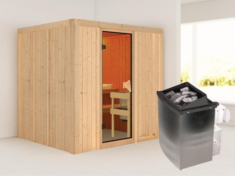 Karibu Sauna Sodin inkl. 9 kW Ofen integr. Steuerung  mit bronzierter Ganzglastür - ohne Dachkranz -