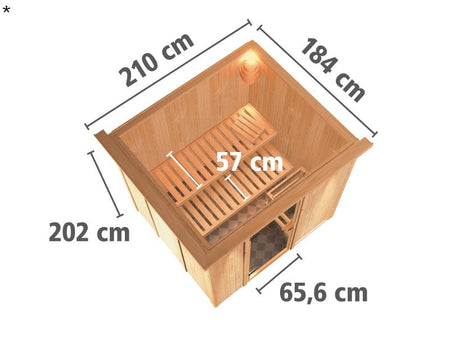 Karibu Sauna Sodin ohne Ofen, mit Dachkranz, mit moderner Saunatür