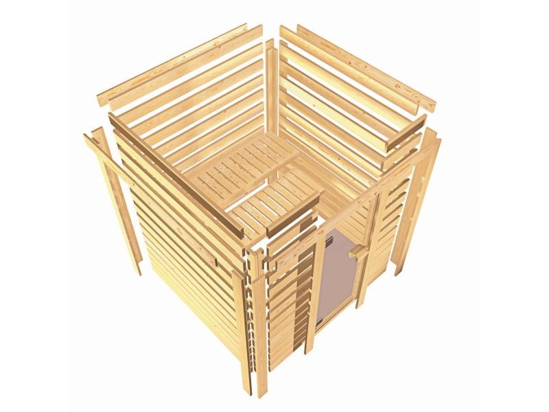 Karibu Sauna Sonara inkl. 9-kW-Ofen mit interner Steuerung, ohne Dachkranz, mit moderner Saunatür