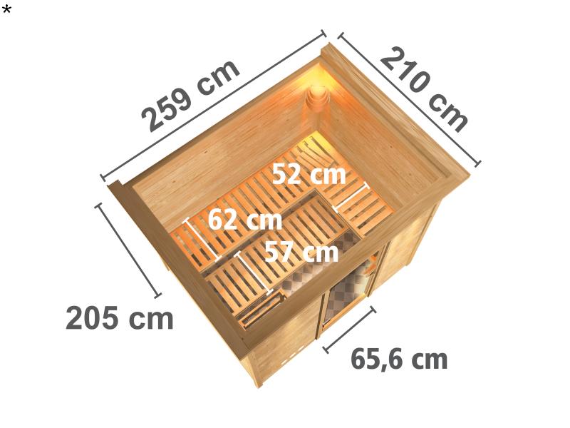 Karibu Sauna Sonara inkl. 9-kW-Ofen mit interner Steuerung, mit Dachkranz, mit moderner Saunatür