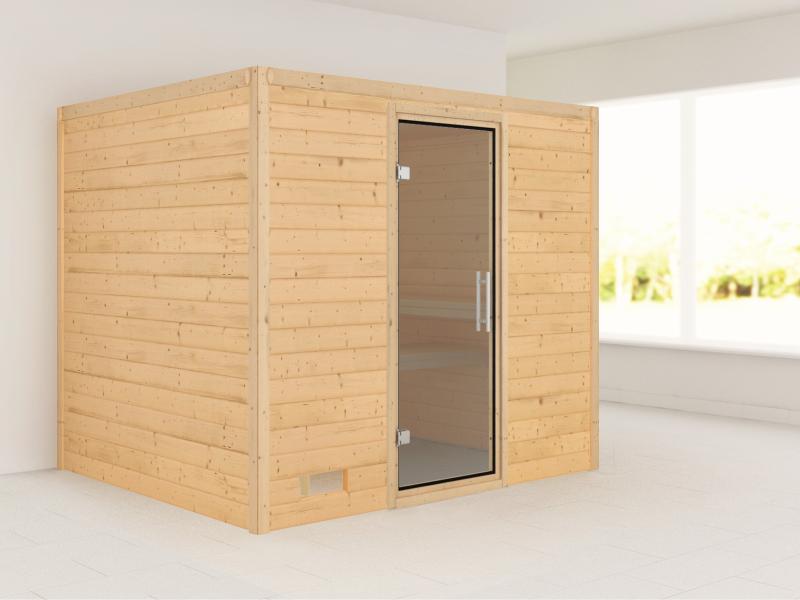 Karibu Sauna Sonara ohne Ofen, ohne Dachkranz, mit moderner Saunatür