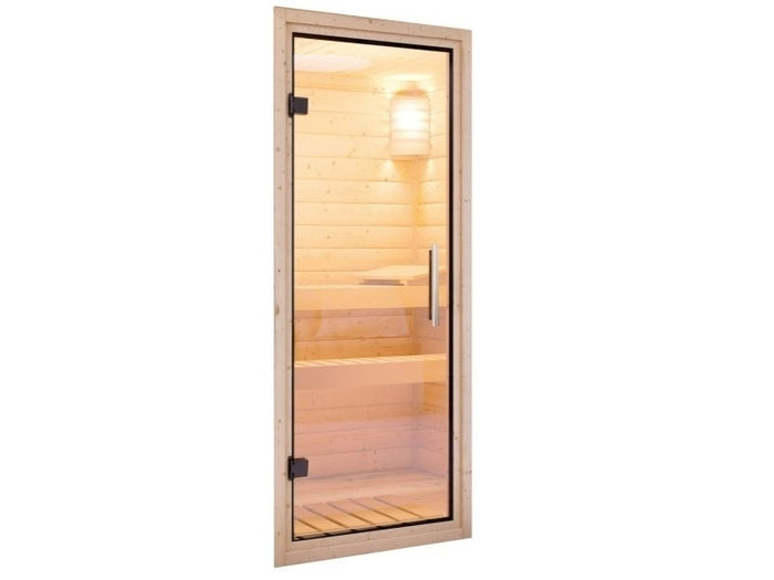 Karibu Sauna Taurin inkl 9 kW Bioofen ext. Steuerung, mit klarglas Ganzglastür -mit Dachkranz-