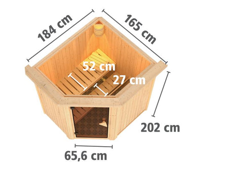 Karibu Sauna Taurin inkl. 9 kW Bioofen externe Steuerung, mit Energiespartür - mit Dachkranz -