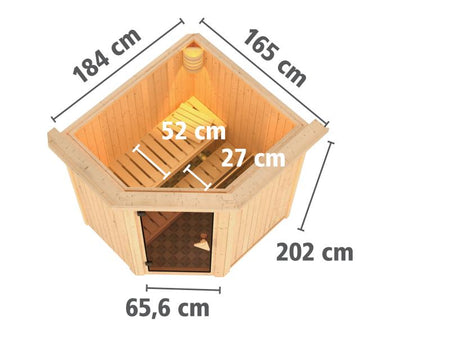 Karibu Sauna Taurin inkl. 9 kW Ofen ext. Steuerung, mit moderner Saunatür - mit Dachkranz -