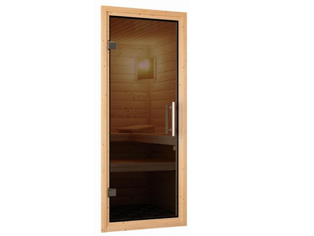 Karibu Sauna Taurin inkl. 9 kW Ofen ext. Steuerung, mit moderner Saunatür - mit Dachkranz -