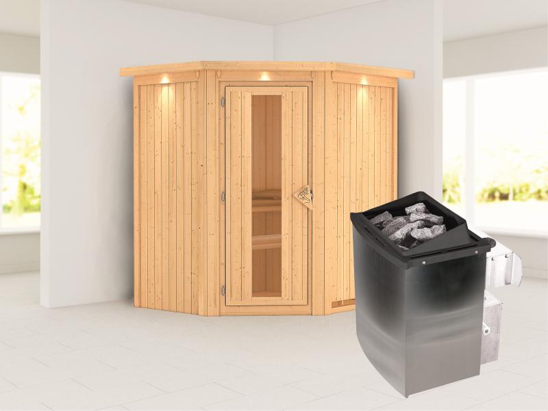 Karibu Sauna Taurin inkl. 9 kW Ofen integrierte Steuerung, mit Energiespartür -mit Dachkranz -