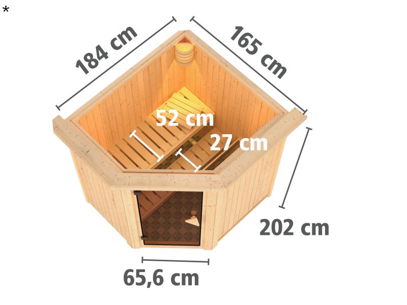 Karibu Sauna Taurin ohne Ofen, mit Dachkranz, mit Klarglas Ganzglastür
