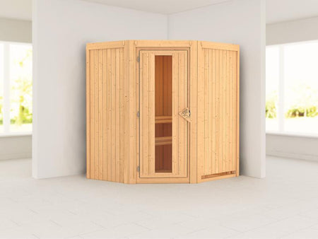 Karibu Sauna Taurin ohne Ofen, ohne Dachkranz, mit energiesparender Saunatür