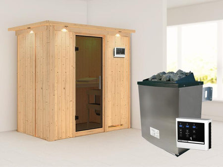 Karibu Sauna Variado inkl. 9 kW Ofen ext. Steuerung, mit moderner Saunatür -mit Dachkranz-