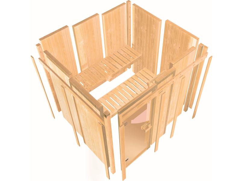 Karibu Sauna Variado inkl. 9 kW Ofen integ. Steuerung, mit klarglas Ganzglastür -mit Dachkranz-