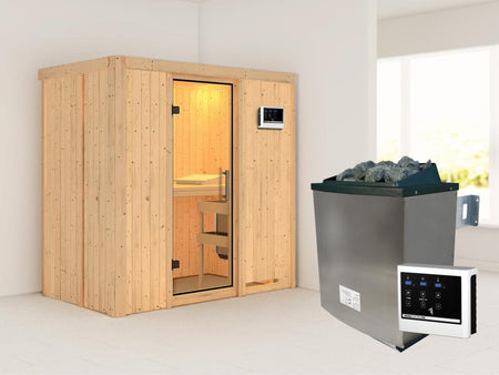 Karibu Sauna Variado inkl. 9 kW Ofen mit ext. Steuerung, mit klarglas Ganzglastür -ohne Dachkranz-