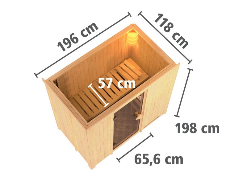 Karibu Sauna Variado mit 9 kW Ofen ext. Steuerung, mit moderner Saunatür -ohne Dachkranz-