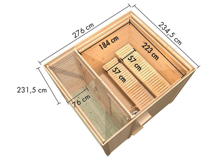 Karibu Saunahaus Angkor 2, 38 mm naturbelassen -inkl. 9 kW Bioofen ext. Steuerung-