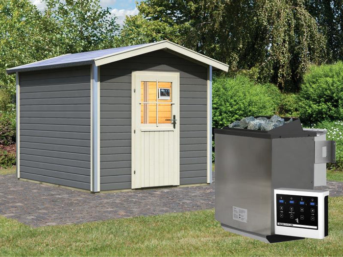 Karibu Saunahaus Bosse 1 terragrau mit Vorraum, inkl. 9 kW Bioofen ext. Steuerung - mit klassischer 