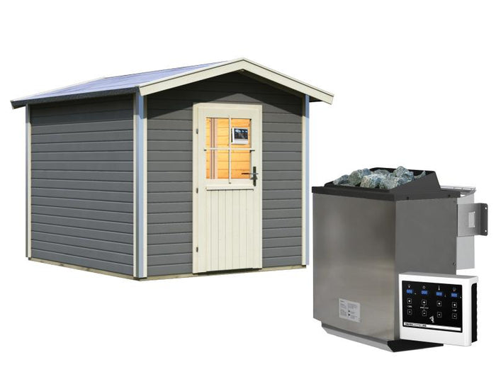 Karibu Saunahaus Bosse 1 terragrau mit Vorraum, inkl. 9 kW Bioofen ext. Steuerung - mit klassischer 