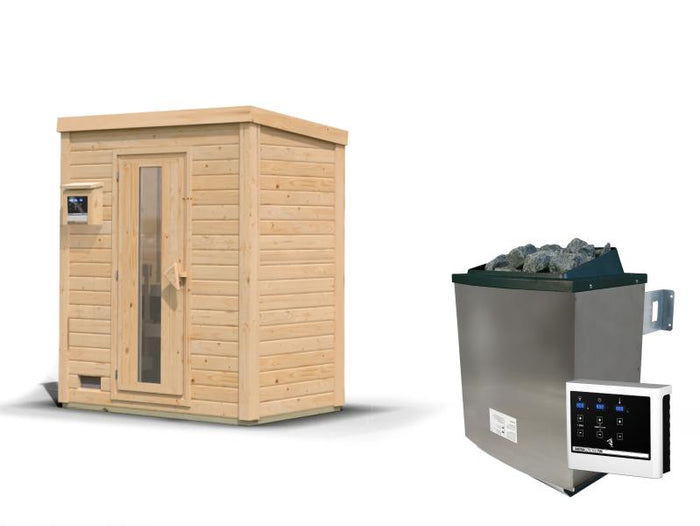 Karibu Saunahaus Hytti 0  38 mm - Ofen 9kW ext. Strg. - Iso Tür naturbelassen