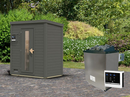 Karibu Saunahaus Hytti 0  38 mm - Ofen 9kW ext. Strg. - Iso Tür, terragrau