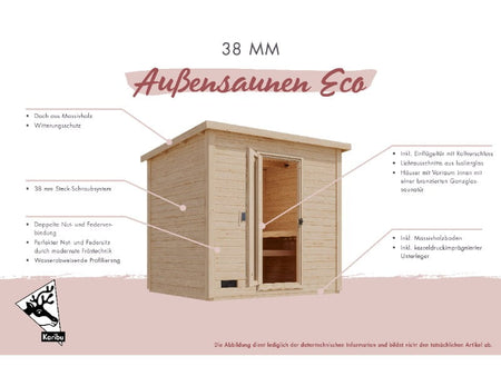 Karibu Saunahaus Hytti 0  38 mm - Ofen 9kW integr. Strg. - Iso-Tür naturbelassen