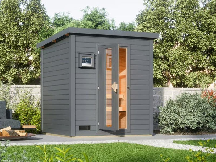 Karibu Saunahaus Hytti 2  38 mm, terragrau- inkl. 9 kW Ofen ext. Steuerung - mit Energiespartür und 