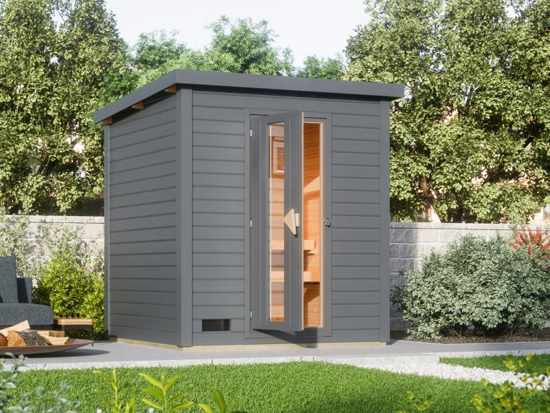 Karibu Saunahaus Hytti 2  38 mm, terragrau - ohne Ofen - inkl. Energiespartür und Fußboden