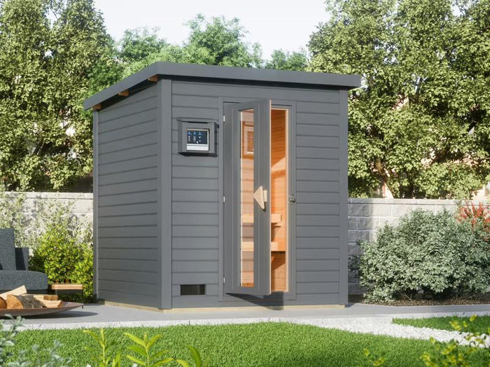 Karibu Saunahaus Hytti 2  38 mm,terragrau - inkl. 9 kW Bioofen ext. Steuerung - mit Energiespartür u