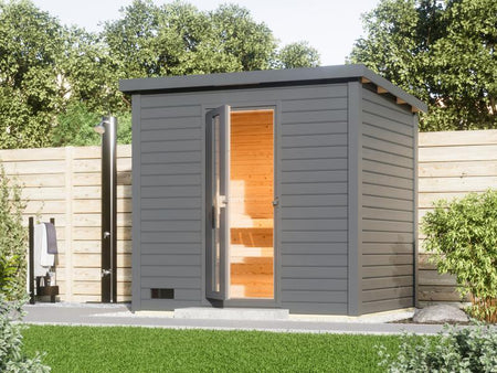 Karibu Saunahaus Hytti 3  38 mm terragrau- inkl. 9 kW Ofen ext. Steuerung - inkl. Energiespartür und