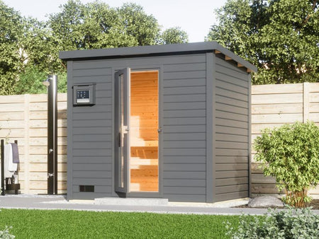 Karibu Saunahaus Hytti 3  38 mm terragrau - inkl. 9 kW Bioofen ext. Steuerung - inkl. Energiespartür