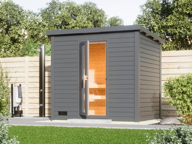 Karibu Saunahaus Hytti 3  38 mm terragrau - ohne Ofen - inkl. Energiespartür und Fußboden