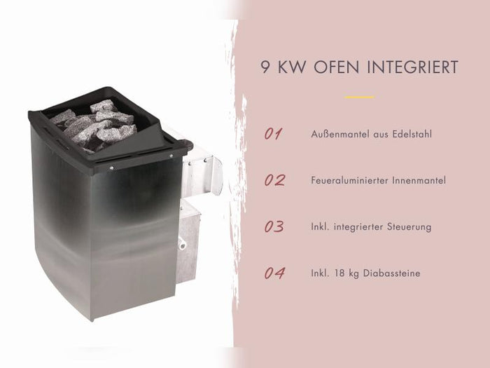 Karibu Saunahaus Hytti 6, inkl. 9 kW Ofen integr. Steuerung - mit Iso-Tür, terragrau, 38 mm