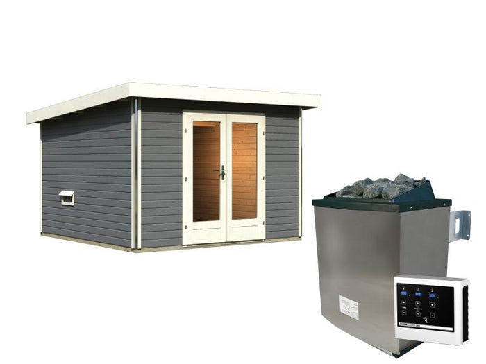 Karibu Saunahaus Mainburg 1 Set B terragrau- 9 kW Ofen ext. Strg