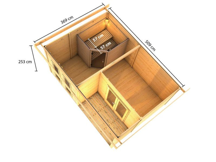 Karibu Saunahaus Mainburg 5 Set A terragrau- 9 kW Ofen ext. Strg
