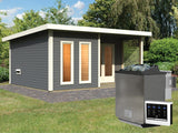 Karibu Saunahaus Mainburg 5 Set A terragrau- 9 kW Bioofen ext. Strg