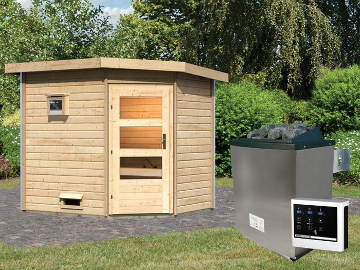 Karibu Saunahaus Mikka 38 mm- 9 kW Ofen ext. Strg- moderne Tür