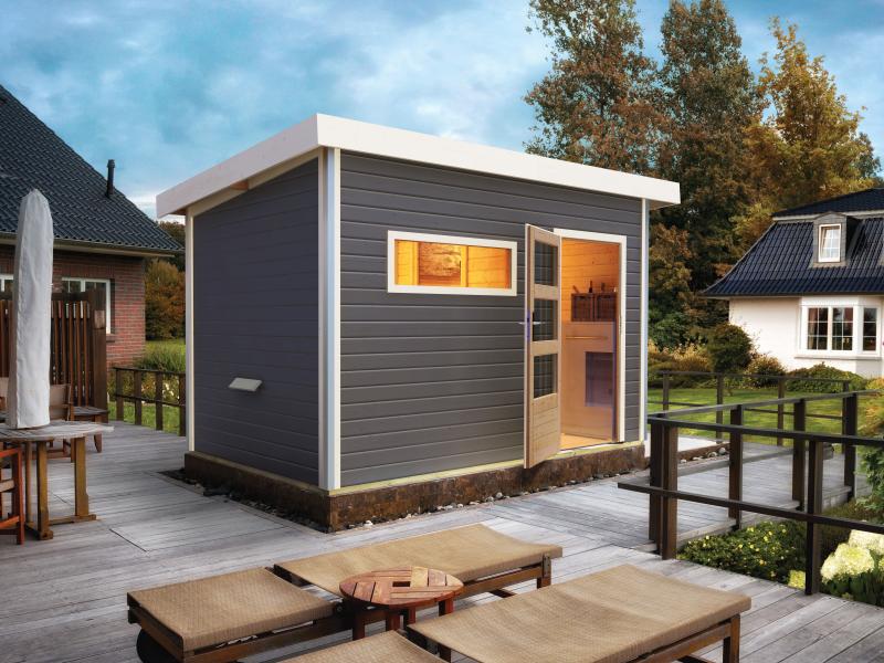 Karibu Saunahaus Skrollan 2 in terragrau- 9 kW Ofen ext. Strg- moderne Tür