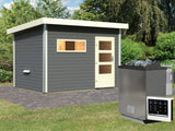Karibu Saunahaus Skrollan 2 in terragrau- 9 kW Bioofen ext. Strg- moderne Tür