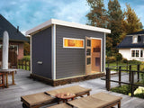 Karibu Saunahaus Skrollan 2 in terragrau- 9 kW Bioofen ext. Strg- moderne Tür