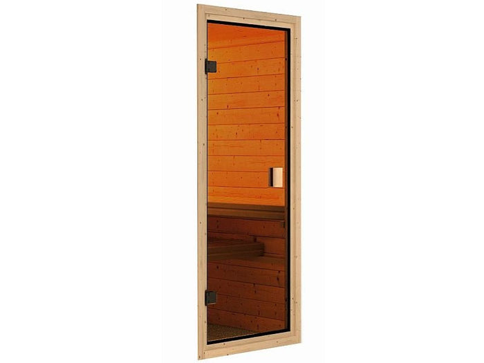 Karibu Saunahaus Skrollan 3 in terragrau 38 mm- 9 kW Ofen Ext. Strg - moderne Tür