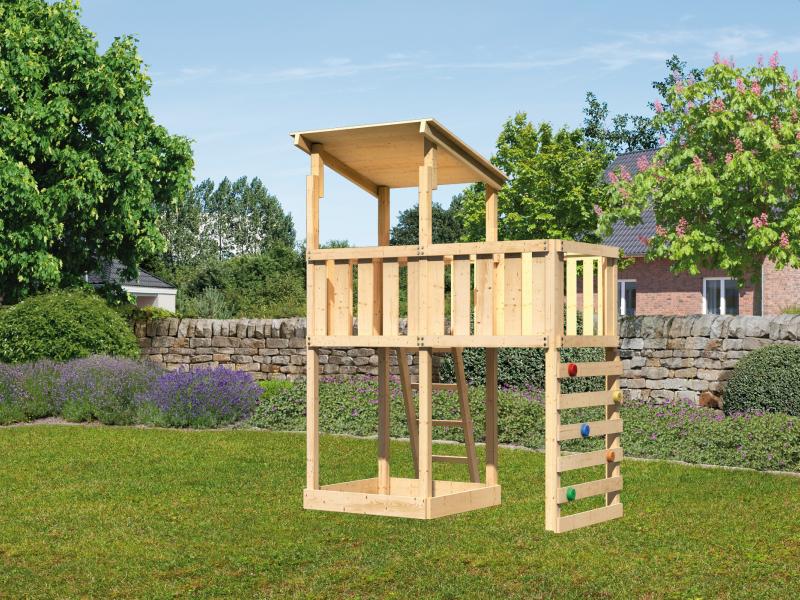 Karibu Spielturm Anna + Anbauplattform + Kletterwand