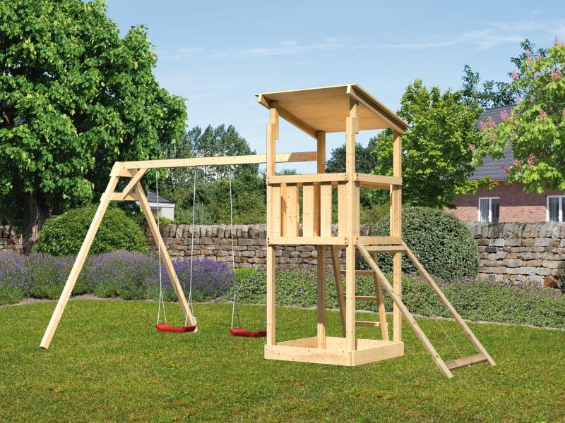 Karibu Spielturm Anna + Doppelschaukel + Netzrampe