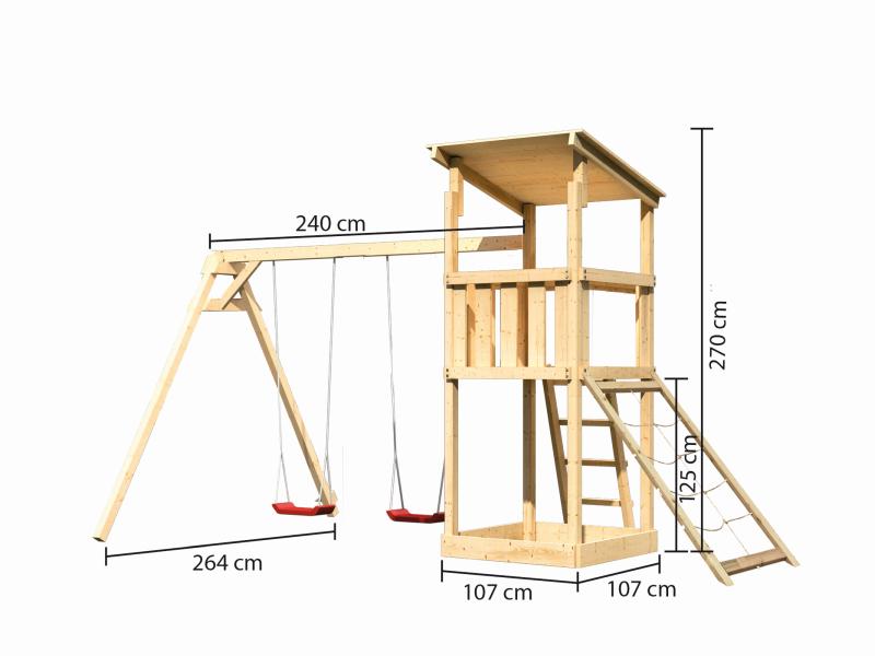 Karibu Spielturm Anna + Doppelschaukel + Netzrampe