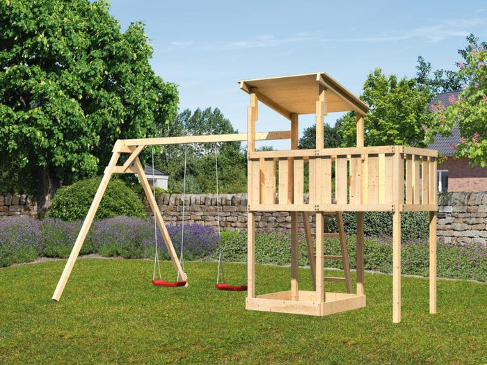 Karibu Spielturm Anna + Doppelschaukel + Anbauplattform