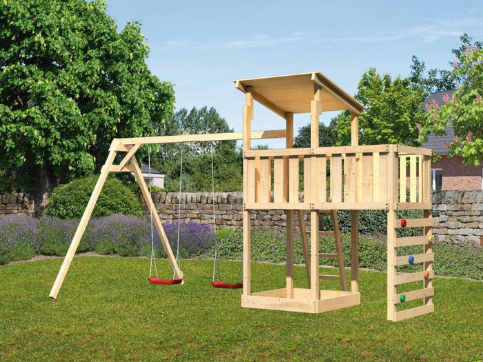 Karibu Spielturm Anna + Doppelschaukel + Anbauplattform + Kletterwand