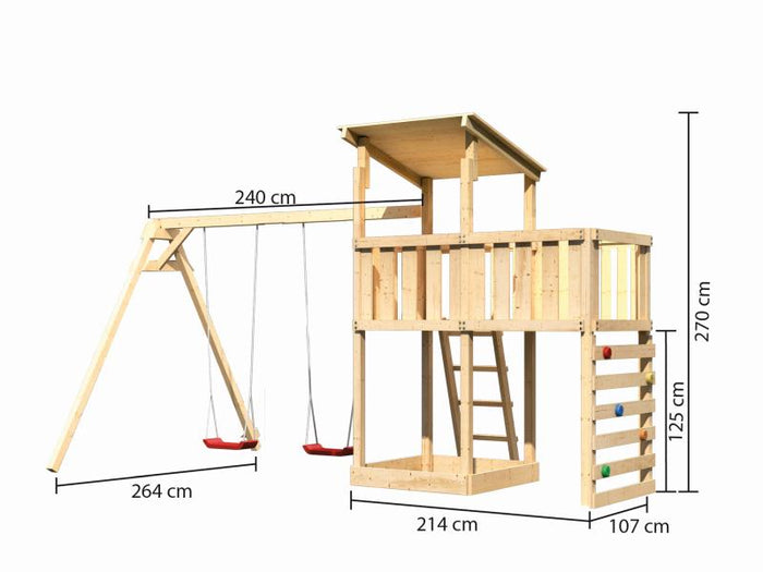 Karibu Spielturm Anna + Doppelschaukel + Anbauplattform + Kletterwand
