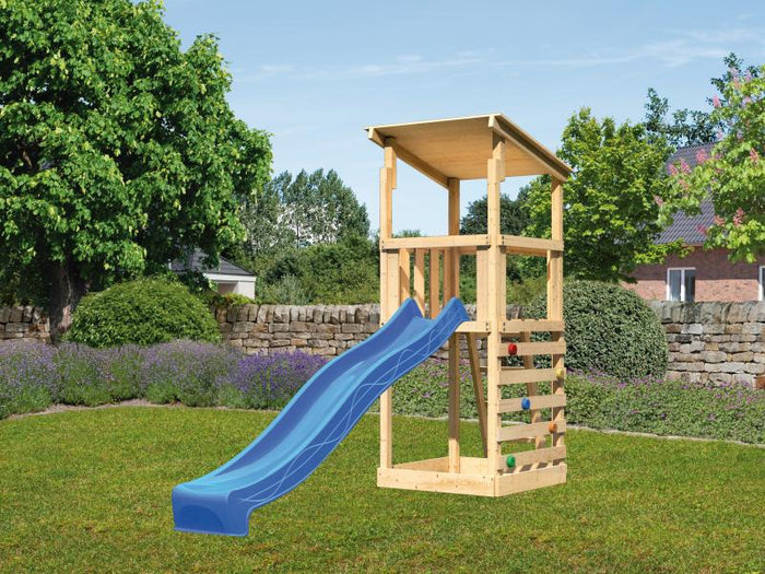 Karibu Spielturm Anna + Rutsche blau + Kletterwand