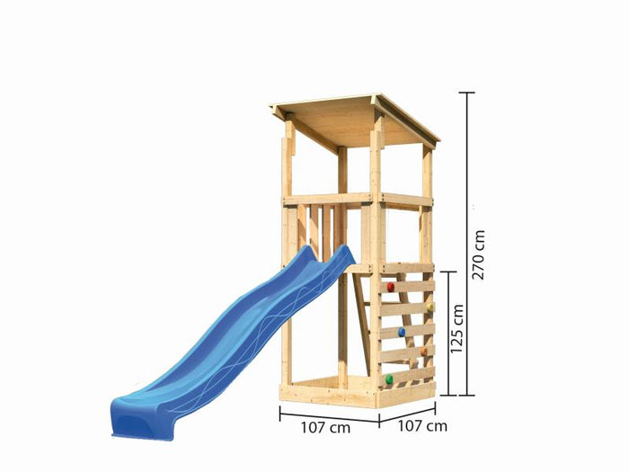 Karibu Spielturm Anna + Rutsche blau + Kletterwand
