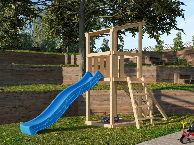 Karibu Spielturm Anna + Rutsche blau + Netzrampe