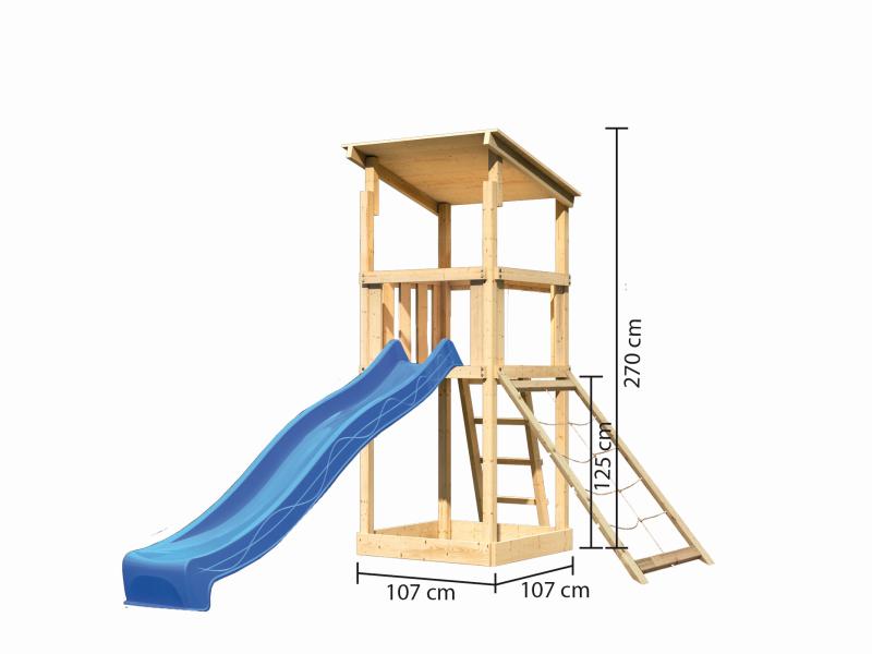 Karibu Spielturm Anna + Rutsche blau + Netzrampe