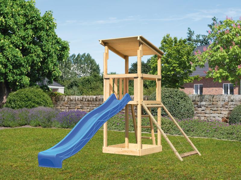Karibu Spielturm Anna + Rutsche blau + Netzrampe