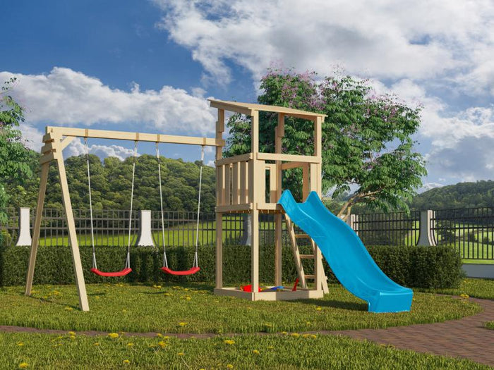 Karibu Spielturm Anna + Rutsche blau + Doppelschaukel