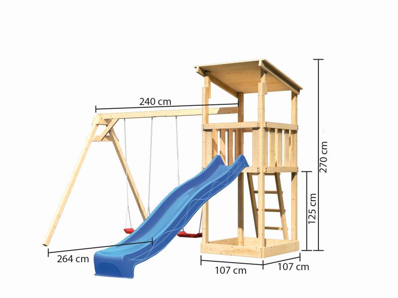 Karibu Spielturm Anna + Rutsche blau + Doppelschaukel